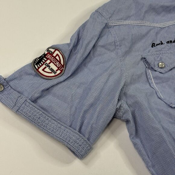 Dragonfly Mens Y2K Patched AOP Button Down Shirt Blue Stripe Pearl Snap‎ Size L - Picture 5 of 9